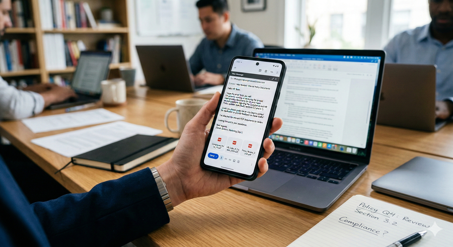 Small business owner reviewing AI-assisted documents on phone